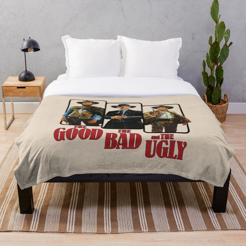 Vintage "The Good, The Bad and The Ugly" movie poster graphic printed on a plush blanket