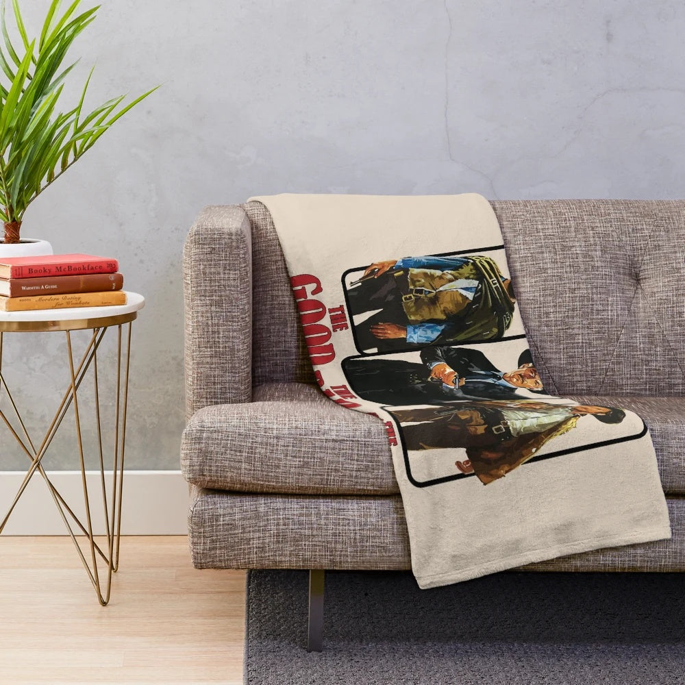Vintage "The Good, The Bad and The Ugly" movie poster graphic printed on a plush blanket