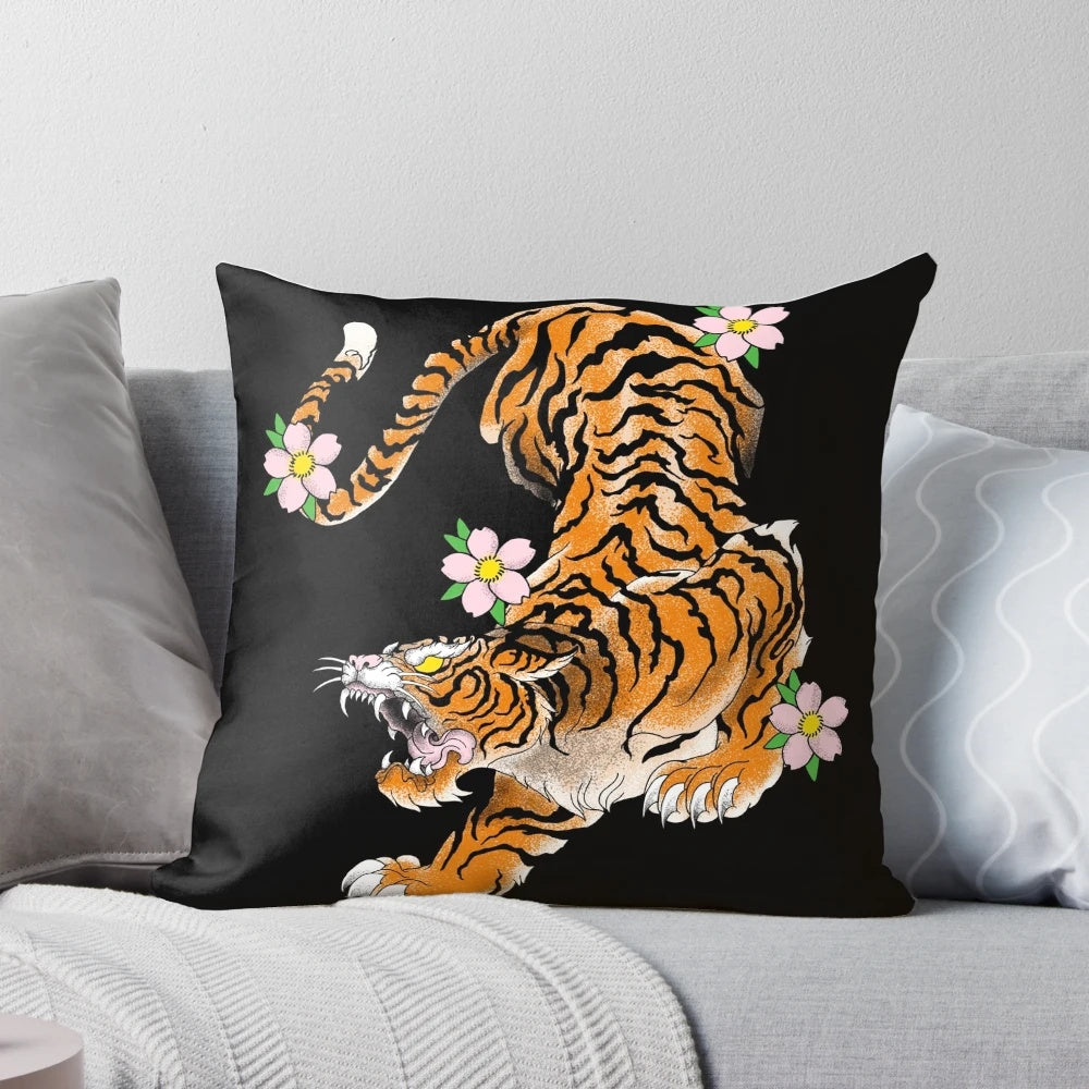 Vintage-style graphic pillow design featuring a tiger, a popular traditional Japanese tattoo motif.