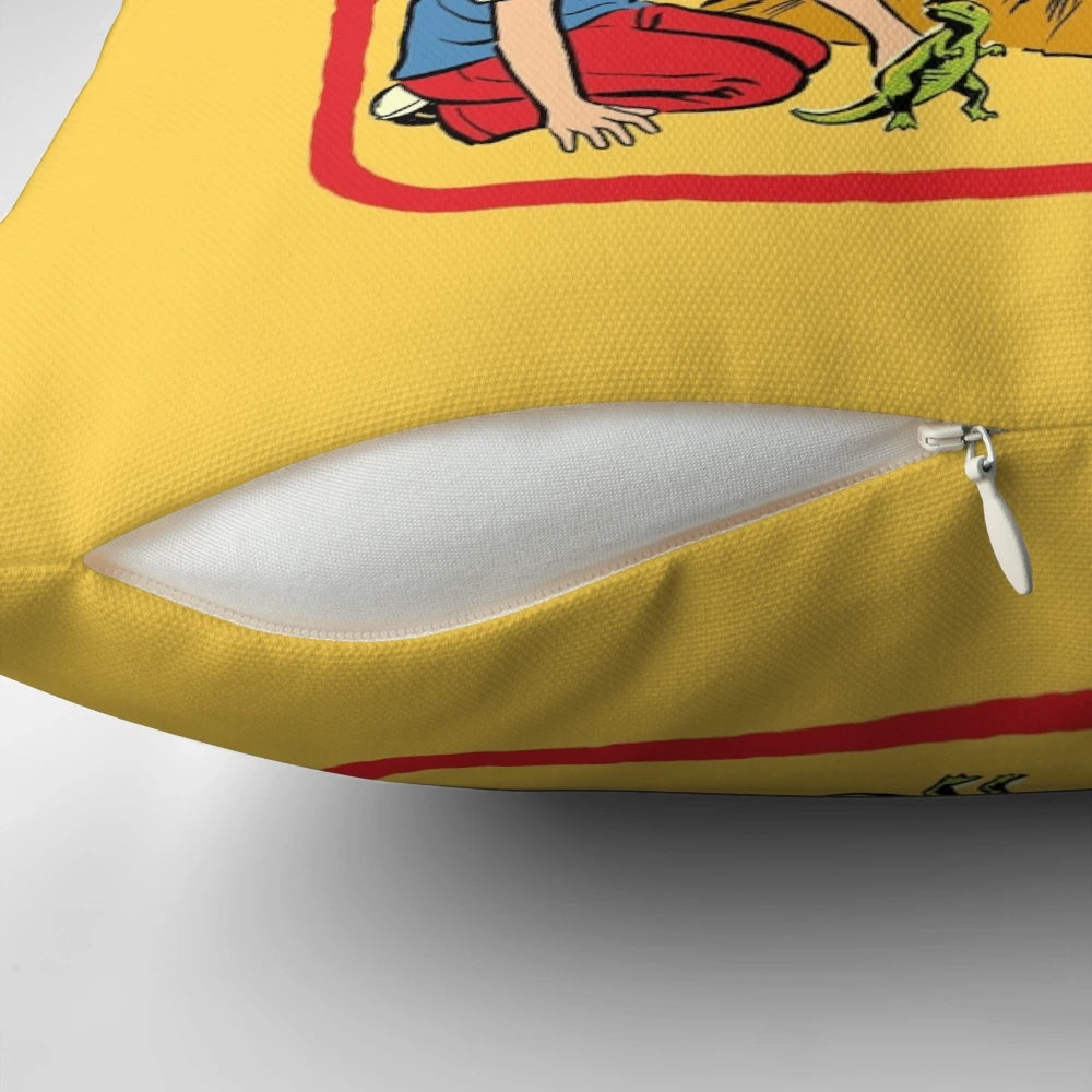 Vintage-style pillow with a time travel and dinosaur theme, perfect for adding a touch of nostalgia to any room.