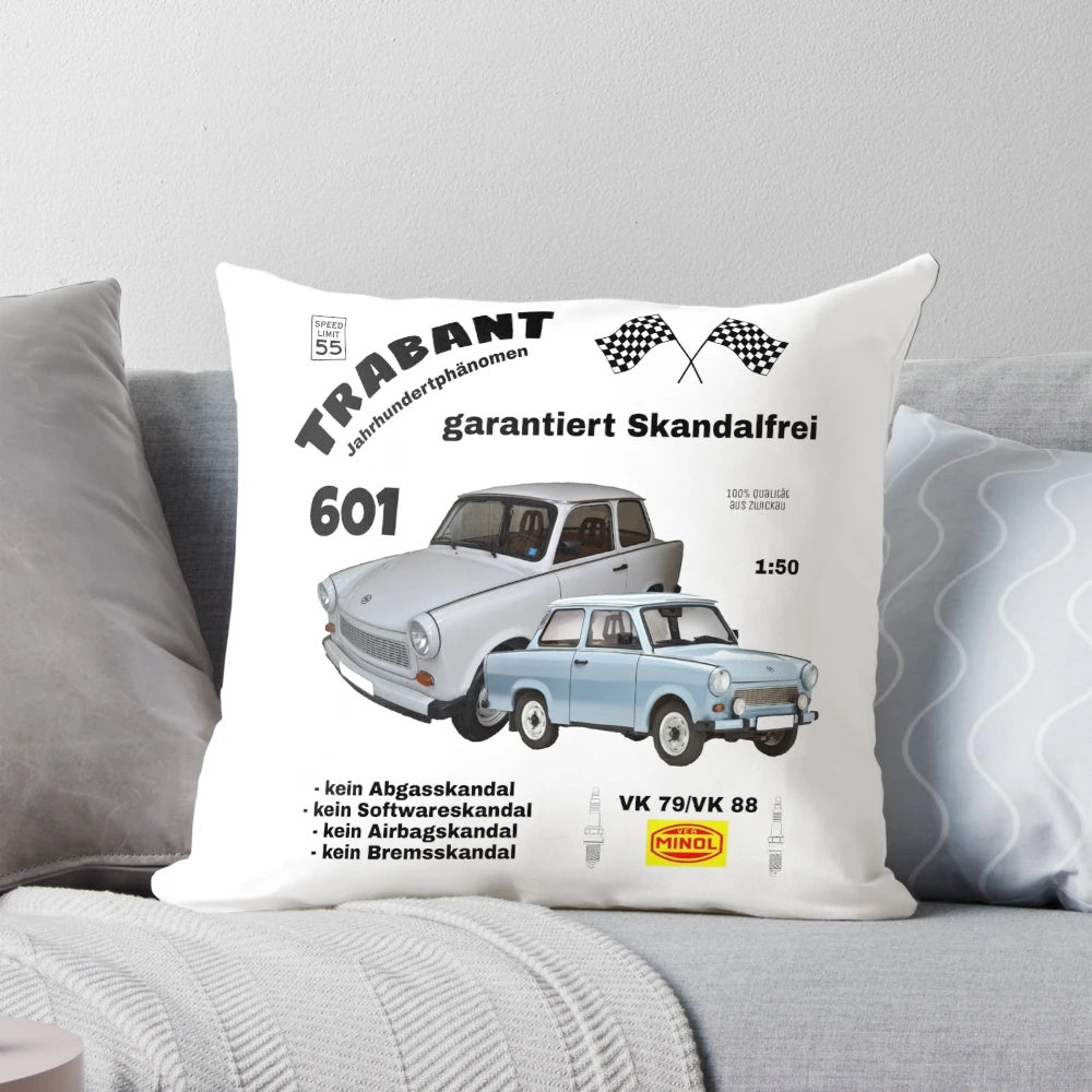 Vibrant Trabant 601 car-shaped pillow in retro colors, representing the iconic East German automobile.