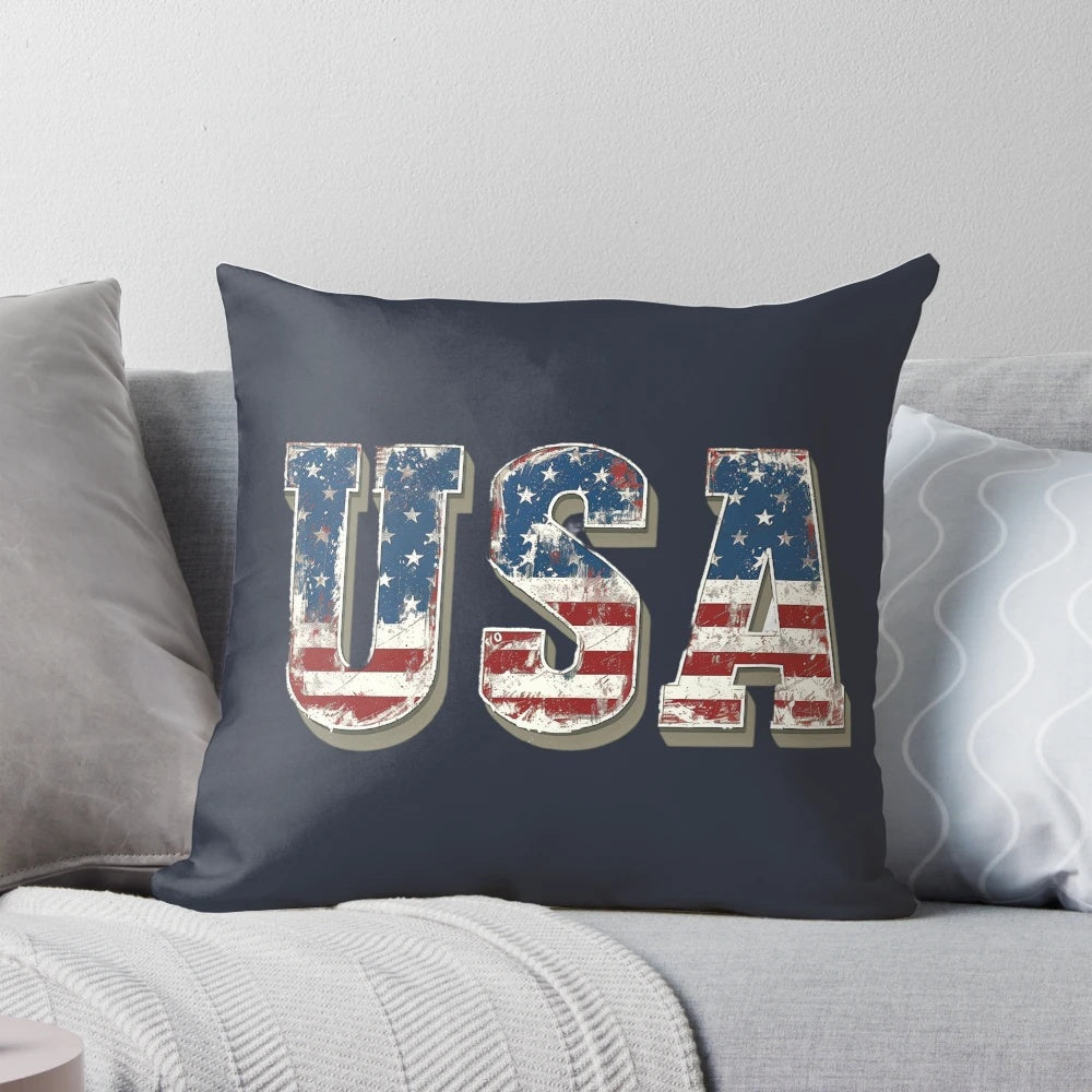 Vintage-style USA flag pillow with distressed American flag design