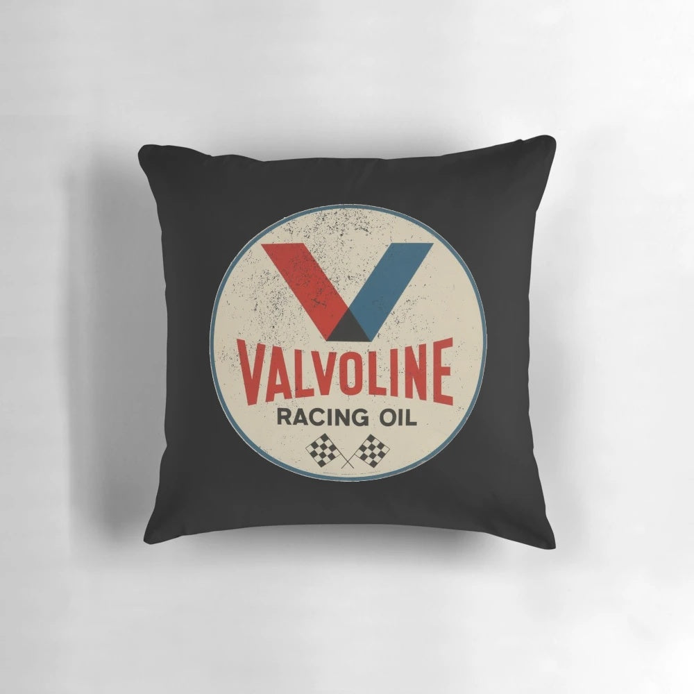 Vintage Valvoline racing sign printed on a plush pillow, featuring the iconic oil company's emblem and retro design.