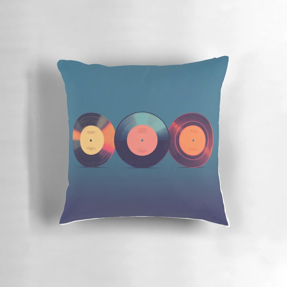 Vintage vinyl record art pillow with a retro, illustrated design