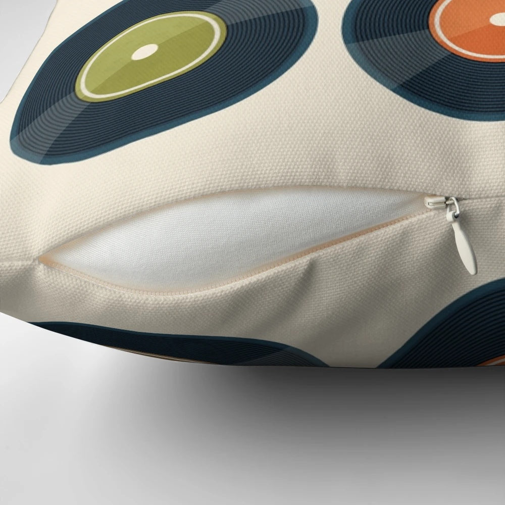 Vintage vinyl record-inspired throw pillow with a minimalist, retro design