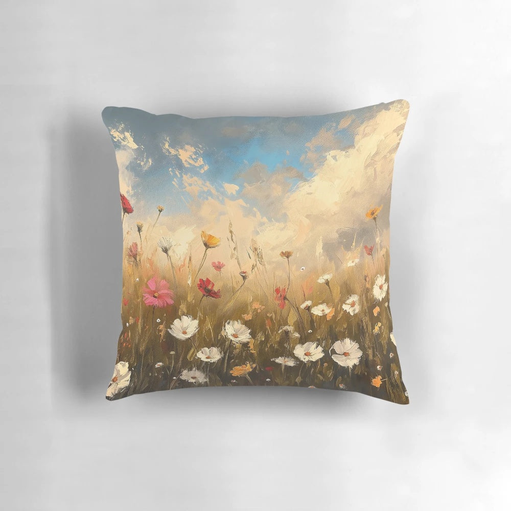 Vintage-inspired watercolor painting of a lush wildflower field landscape, perfect for a Valentine's Day decor accent.