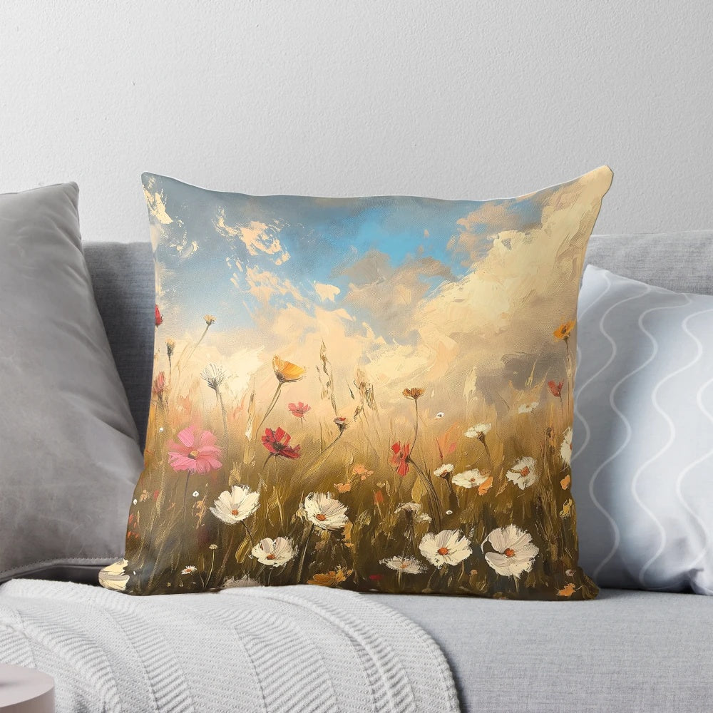 Vintage-inspired watercolor painting of a lush wildflower field landscape, perfect for a Valentine's Day decor accent.