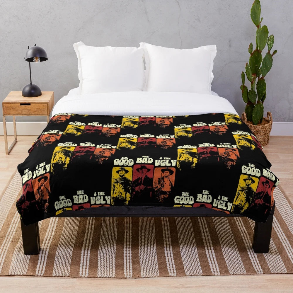 Vintage western-themed plush blanket featuring iconic imagery from the classic film "The Good, The Bad, and The Ugly