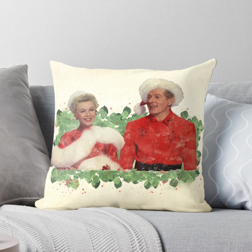 Vintage-inspired "White Christmas" pillow featuring Phil, Judy, and other classic characters from the beloved holiday film.