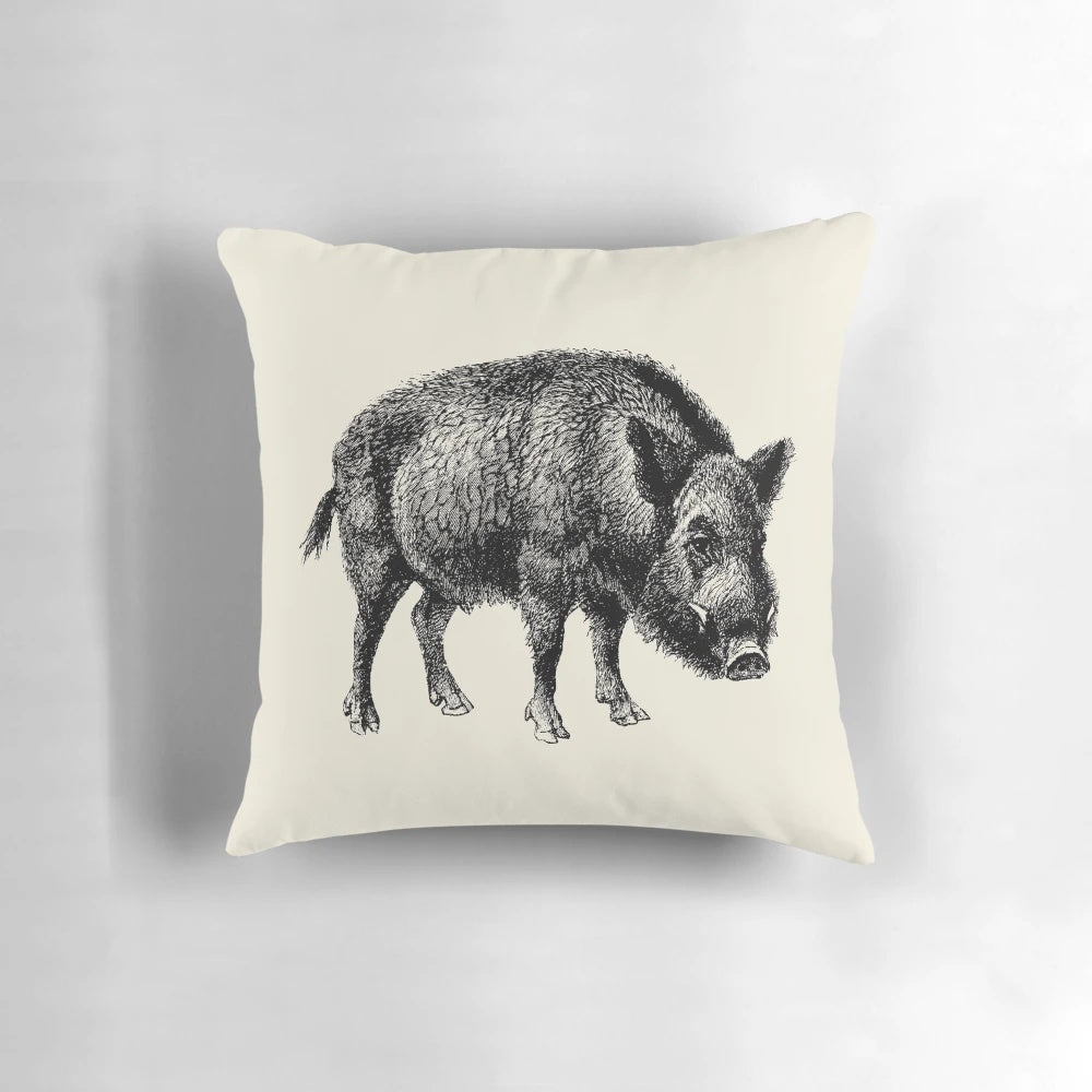 Vintage-style decorative pillow featuring a cute illustration of a wild boar or warthog with tusks.