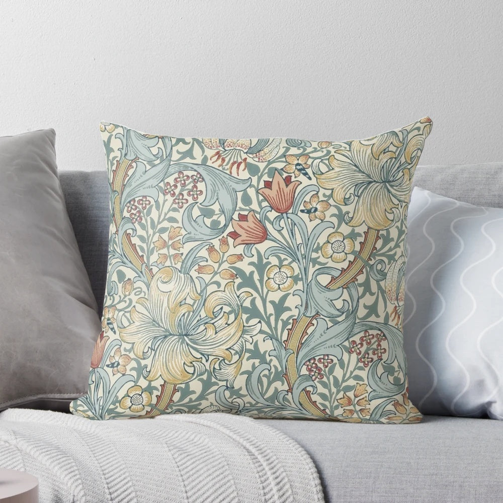 Vibrant William Morris inspired botanical art printed on a soft, high-quality throw pillow.