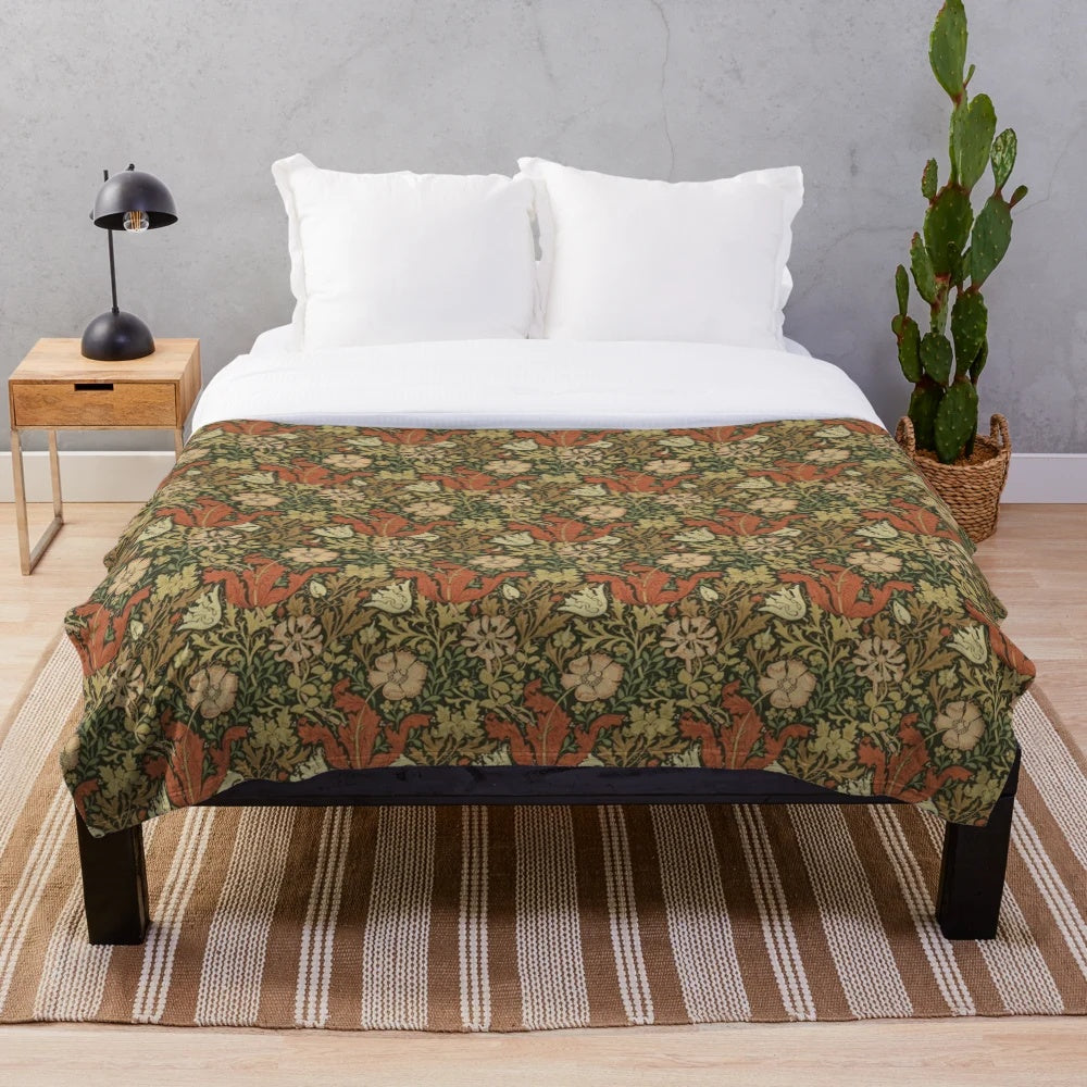 Vintage William Morris inspired plush blanket with honeysuckle floral design