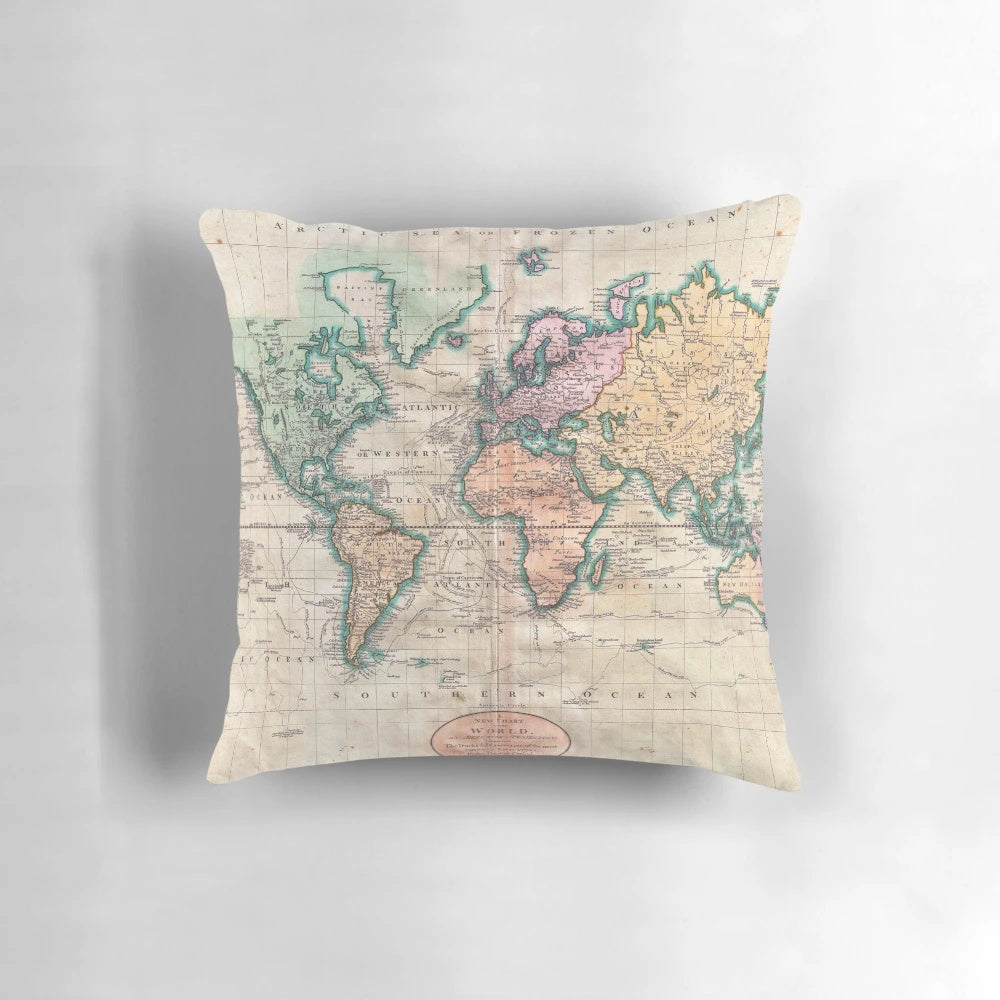 Vintage world map 1801 printed on soft, cozy pillow for home, office, and dorm decor