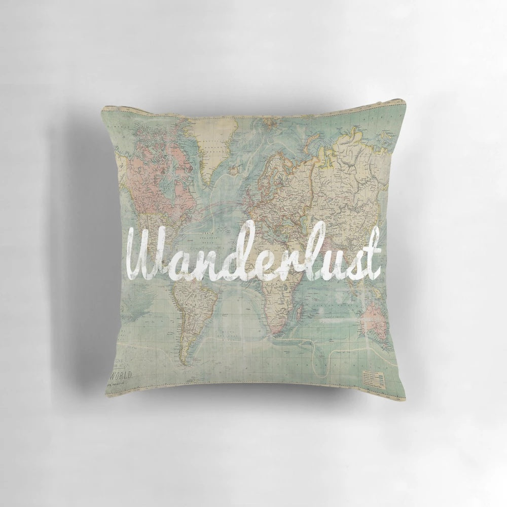 Vintage distressed world map printed on soft, comfortable pillow