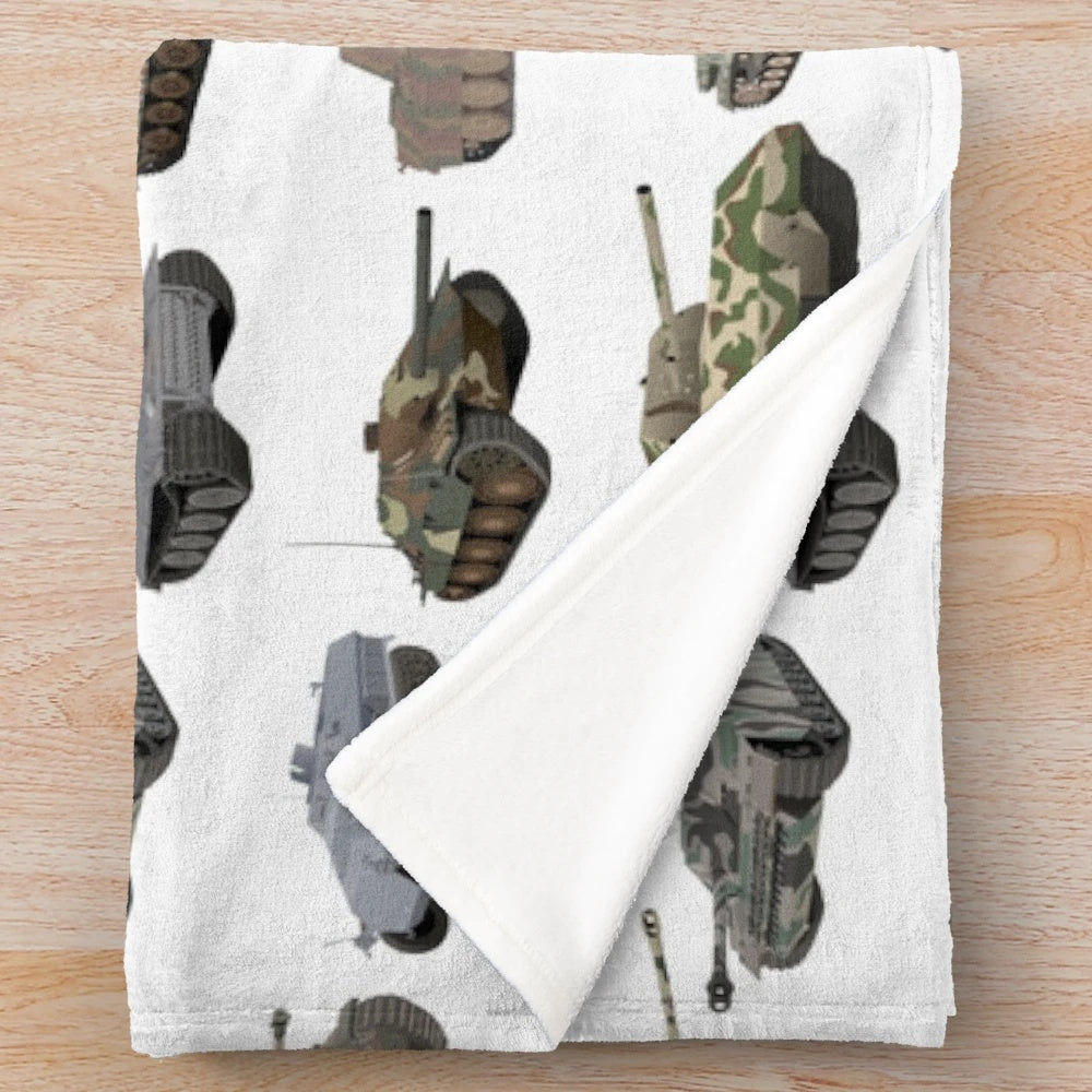 Plush blanket featuring multiple vintage German WWII tanks in a colorful pattern