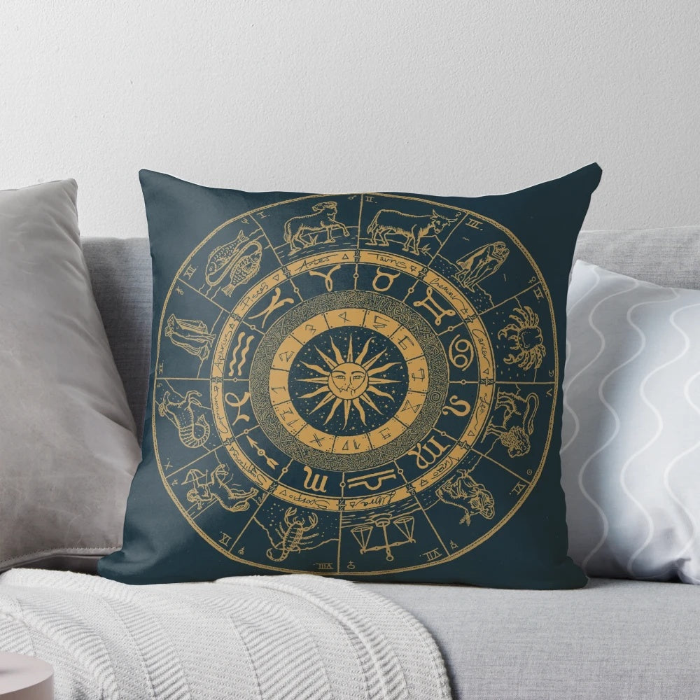 Vintage zodiac and astrology chart printed on a royal blue and gold pillow