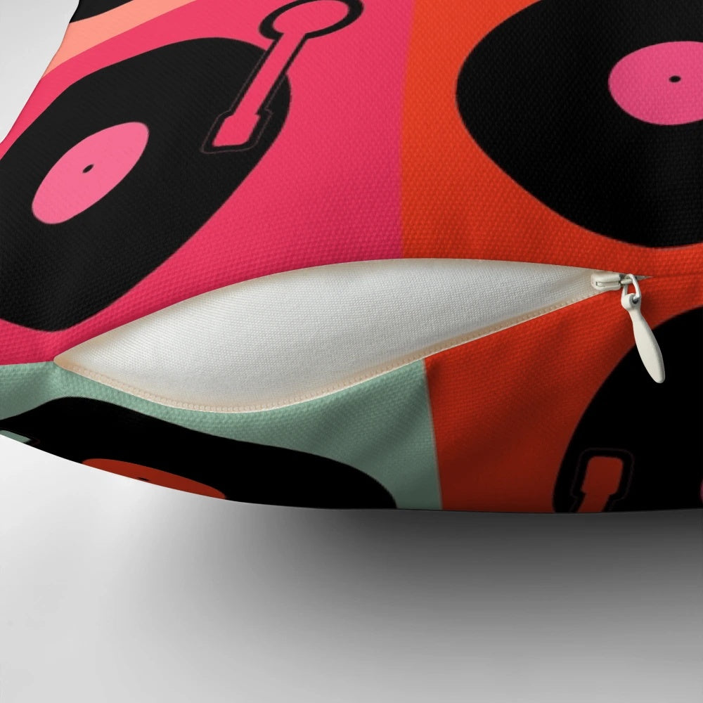 Colorful pop art collage of vintage vinyl records on a decorative throw pillow