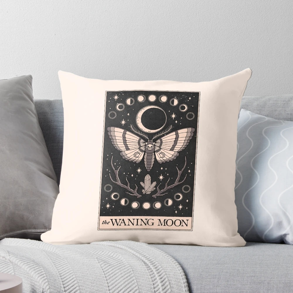 Waning moon-themed decorative throw pillow with mystical and occult design elements