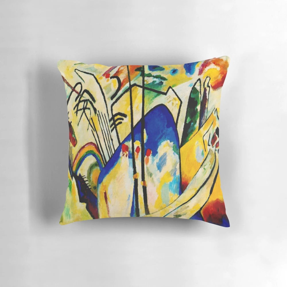 Vibrant abstract art pillow inspired by Wassily Kandinsky's Composition IV painting