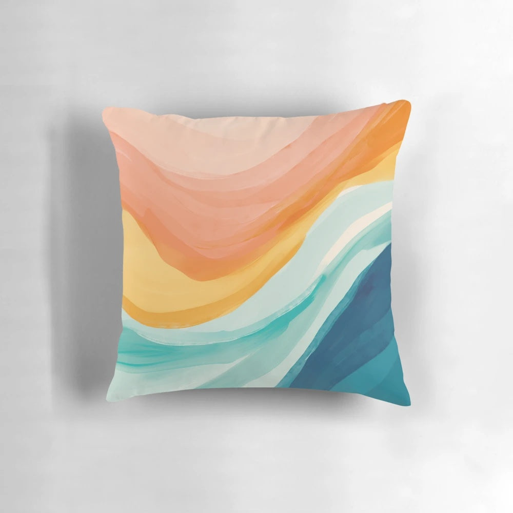 Vibrant watercolor abstract design featuring sunrise waves in shades of pink, yellow, and blue on a plush throw pillow.