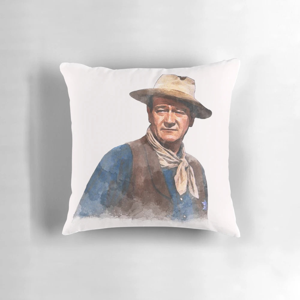 Watercolor portrait of iconic actor John Wayne as "The Duke" on a decorative pillow