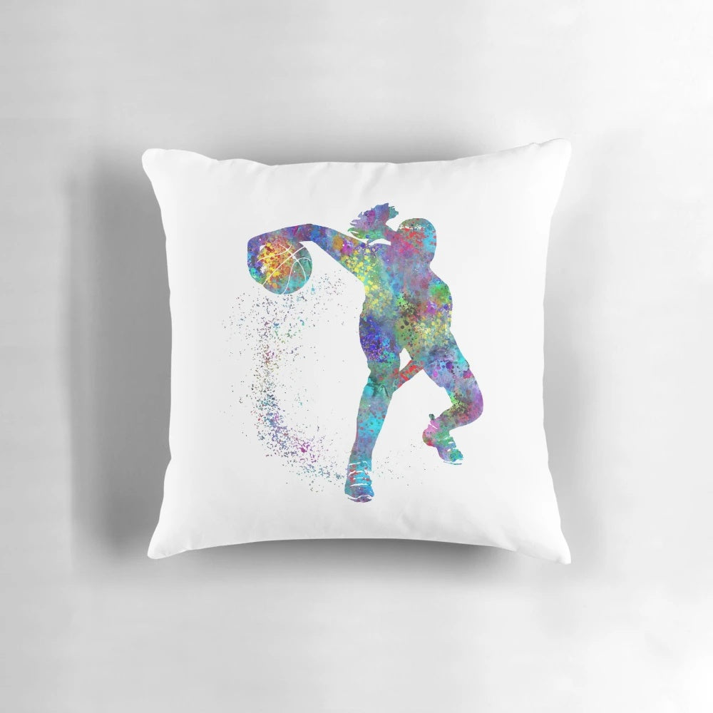 Watercolor illustration of a basketball girl on a plush pillow for basketball fans
