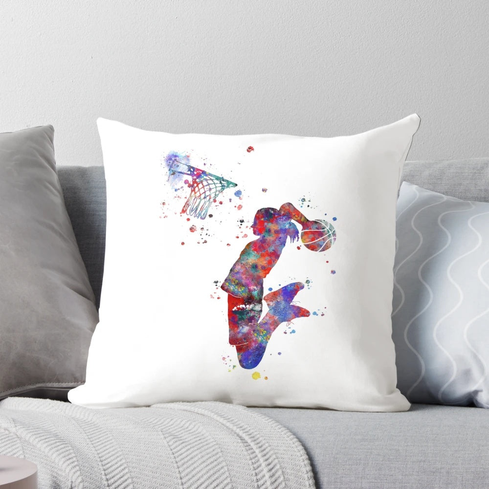 Watercolor painting of a basketball player on a soft, plush pillow
