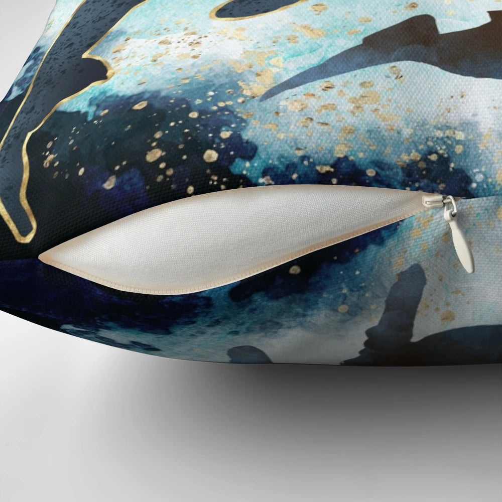 Watercolor-style Bond V Pillow featuring serene ocean, mountain, and forest imagery