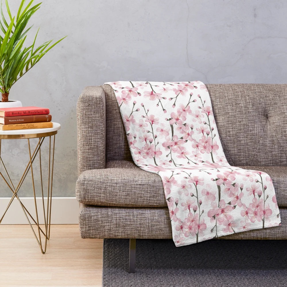 Watercolor Cherry Blossom Plush Blanket by Magenta Rose Designs