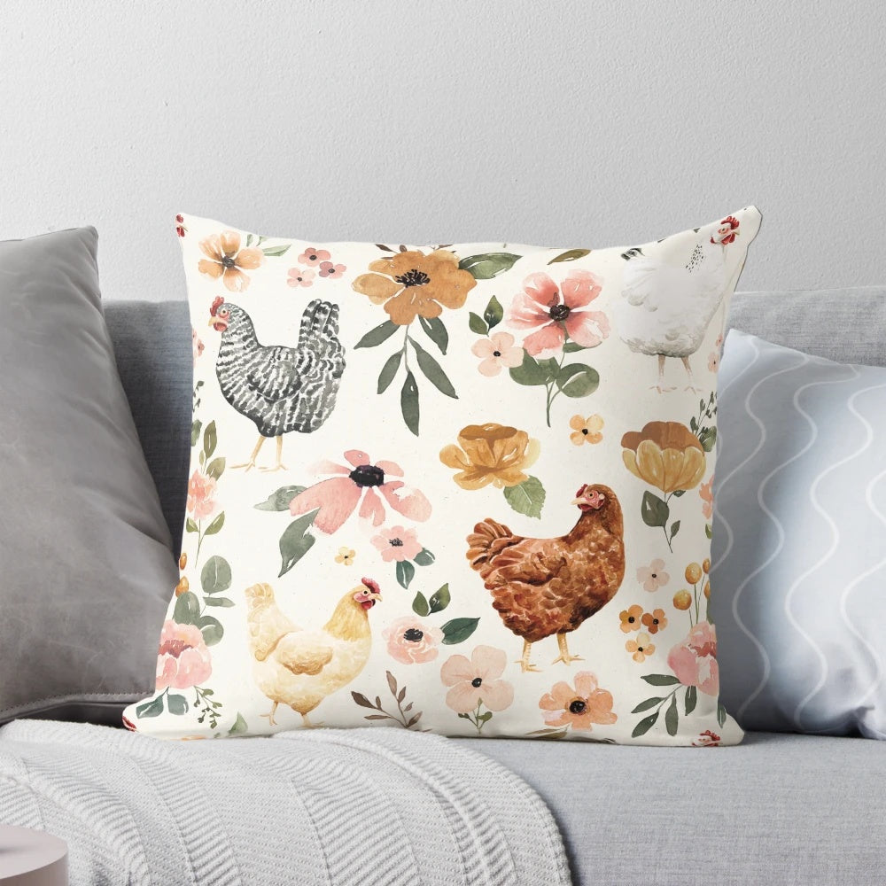 Watercolor Chicken Floral Farmhouse Pillow