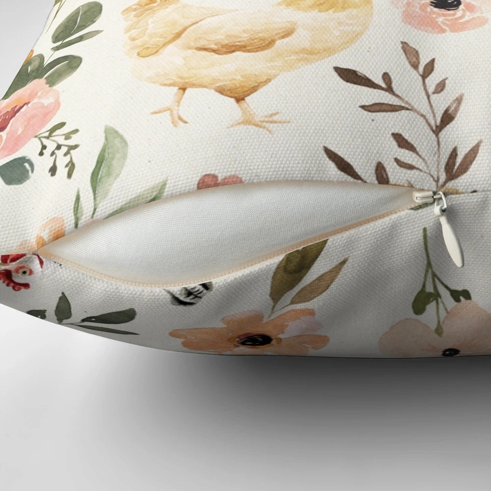 Watercolor Chicken Floral Farmhouse Pillow