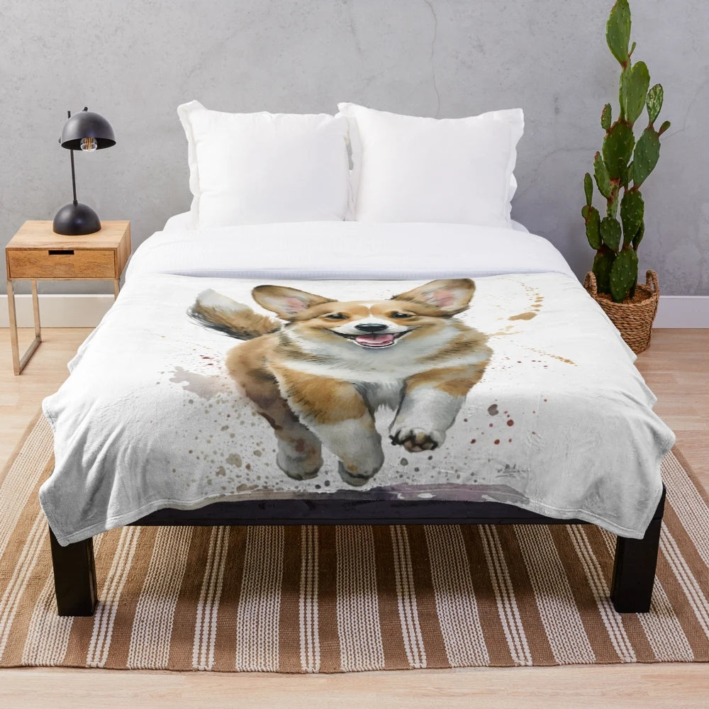 Watercolor Corgi Dog Plush Blanket