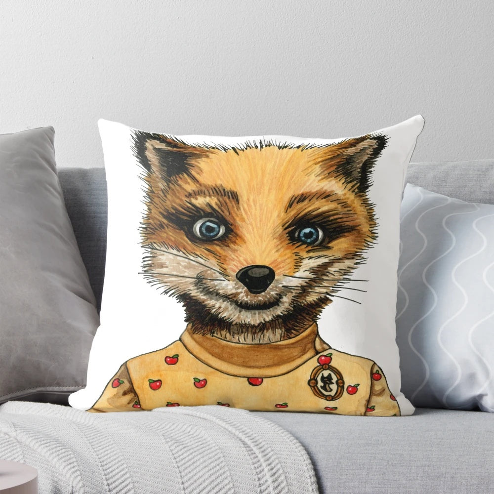 Watercolor illustration of a fox on a soft, plush decorative pillow for home decor.