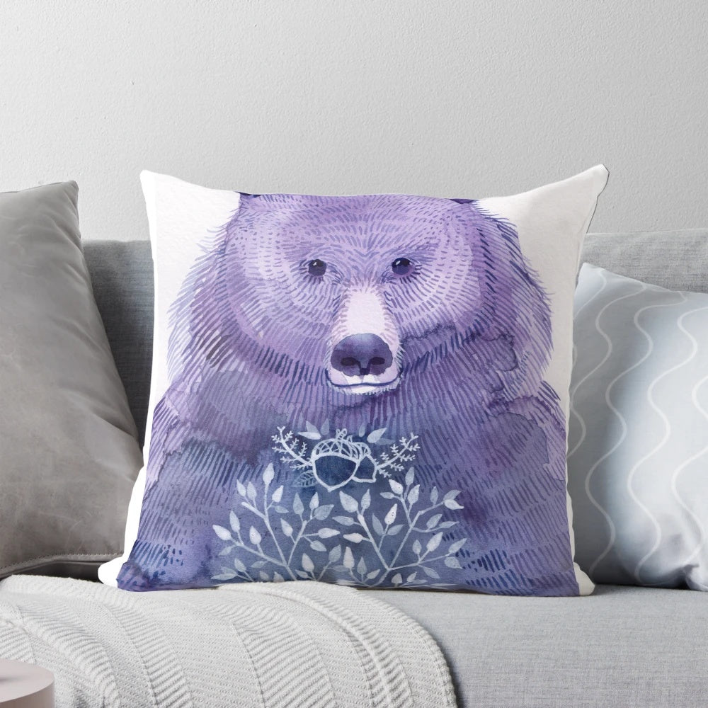 Watercolor illustration of a grizzly bear on a decorative pillow