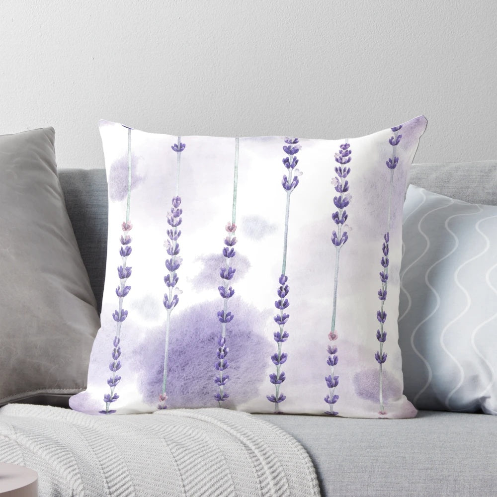 Watercolor lavender floral pillow with hand-painted botanical design