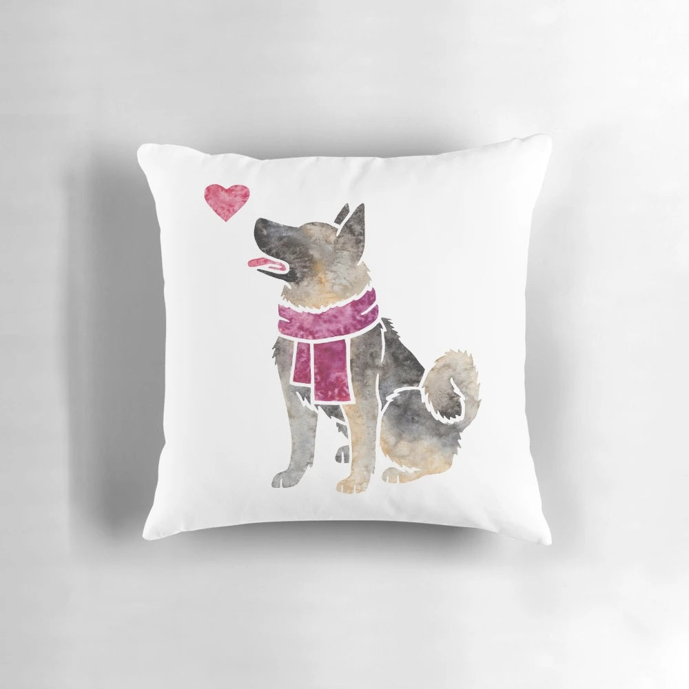 Watercolor illustration of a Norwegian Elkhound dog on a decorative throw pillow