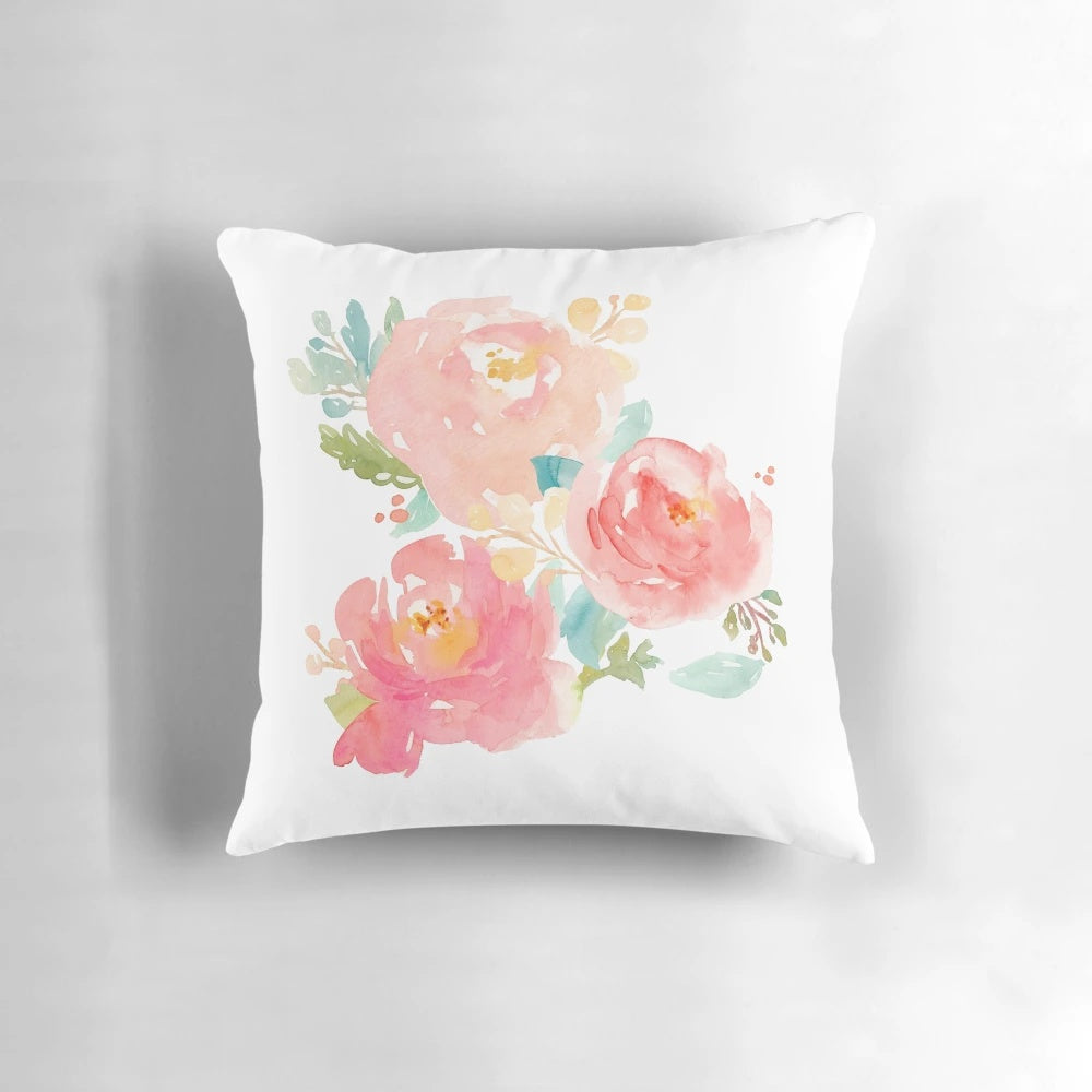 A soft, pastel watercolor painting of beautiful pink peonies on a pillow.