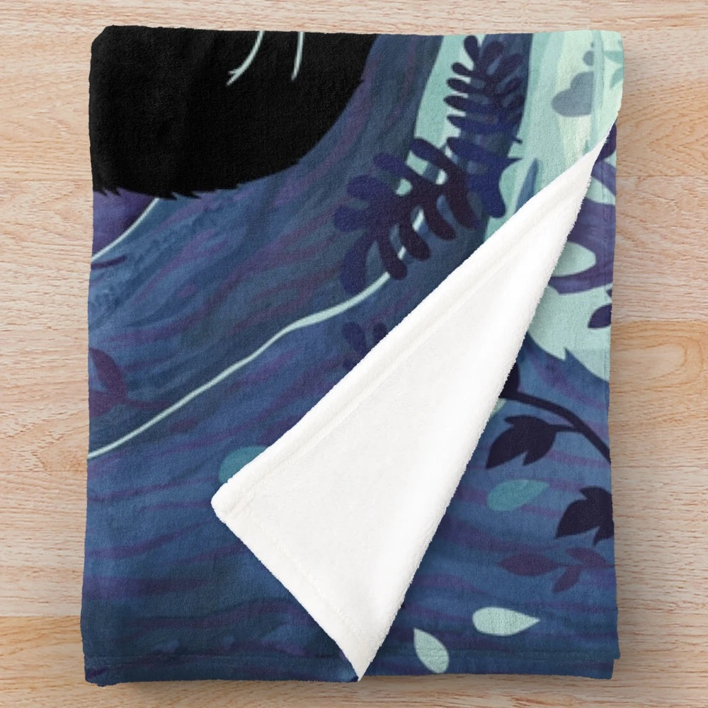 Watercolor-inspired plush blanket with forest landscape, woodland creatures, and tea