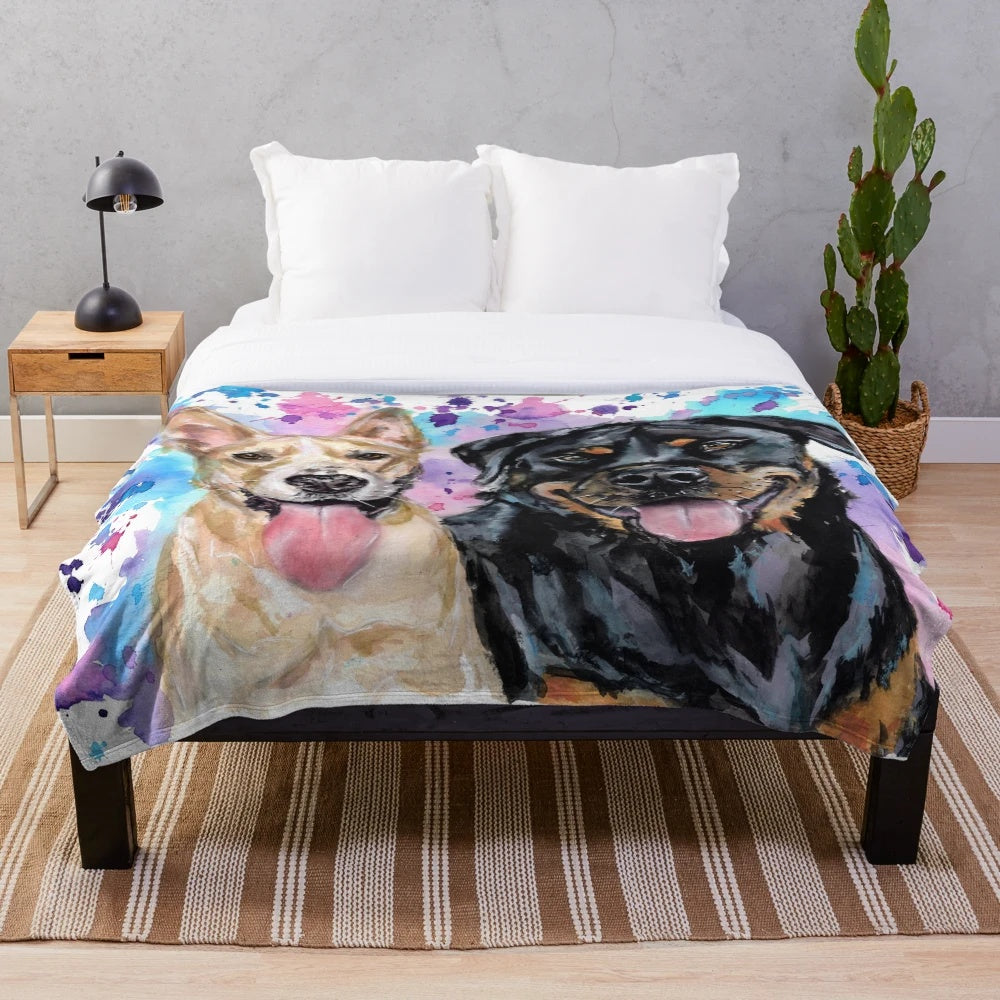 Watercolor illustration of a Rottweiler and Staffy on a plush blanket