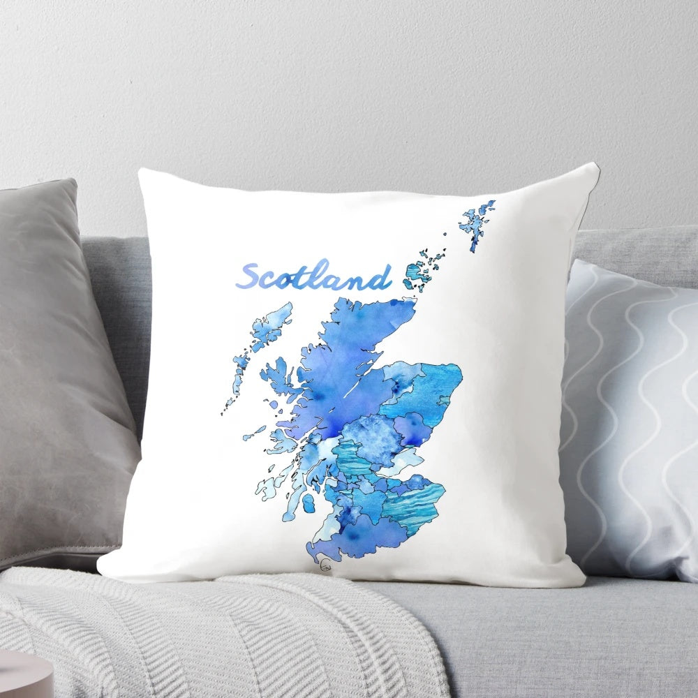 Watercolor map of Scotland on a decorative throw pillow