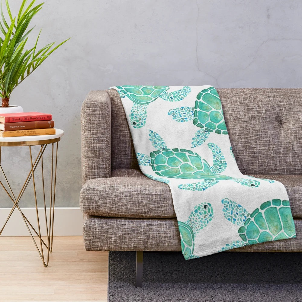 Watercolor turtle patterned plush blanket
