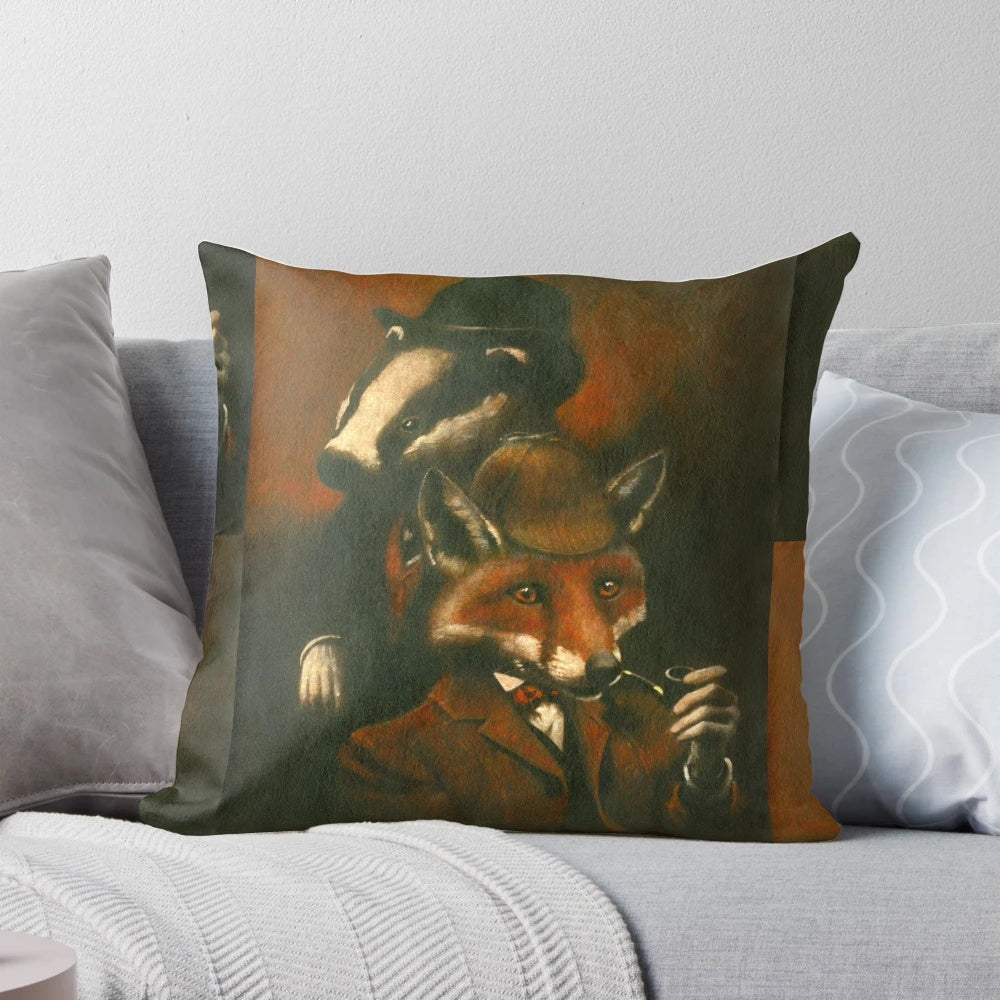Whimsical pillow featuring an anthropomorphic fox and badger in detective attire, a nod to the famous Sherlock Holmes and Dr. Watson duo.
