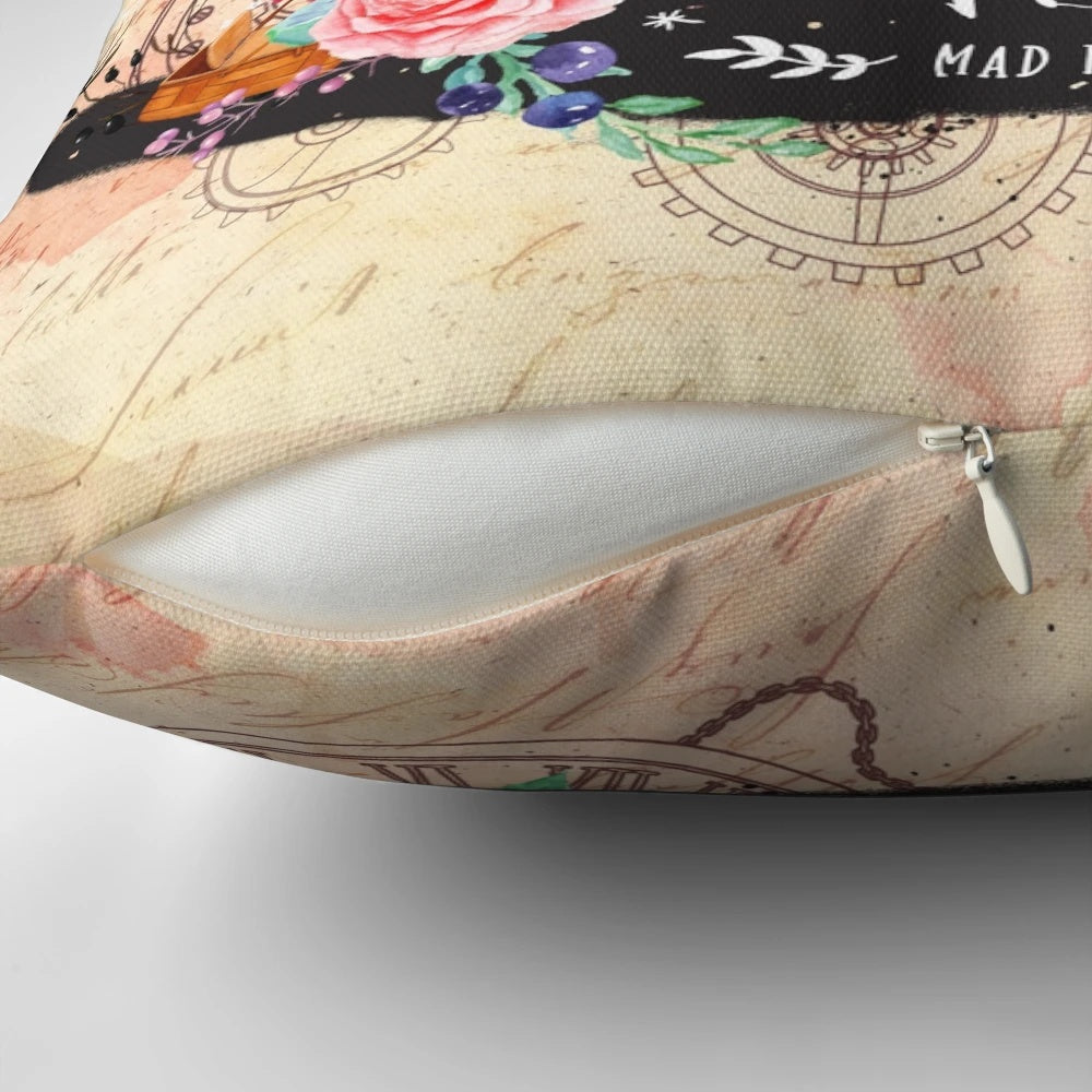 Mad Hatter inspired decorative pillow featuring a whimsical watercolor design with silhouettes, floral elements, and steampunk gears.