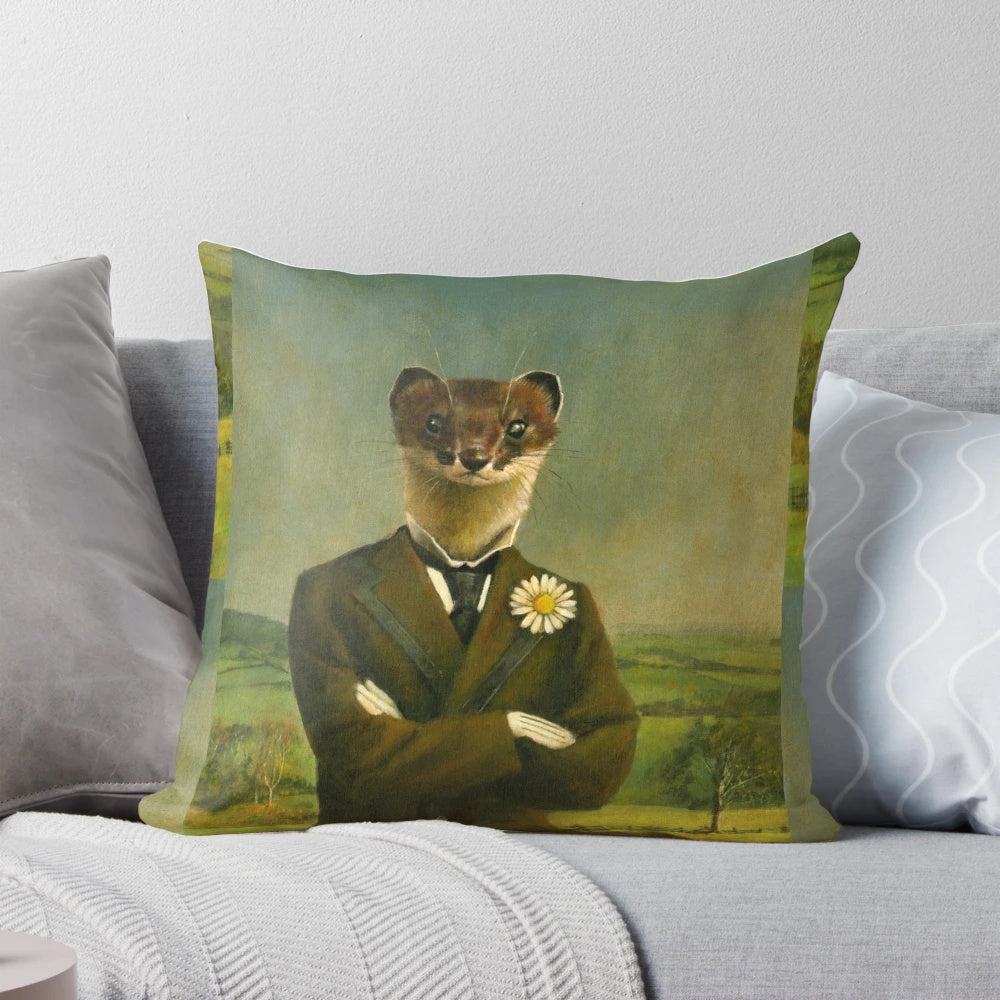 A vintage, anthropomorphic illustration of a stoat or weasel dressed in Victorian gentleman's attire, printed on a decorative throw pillow.