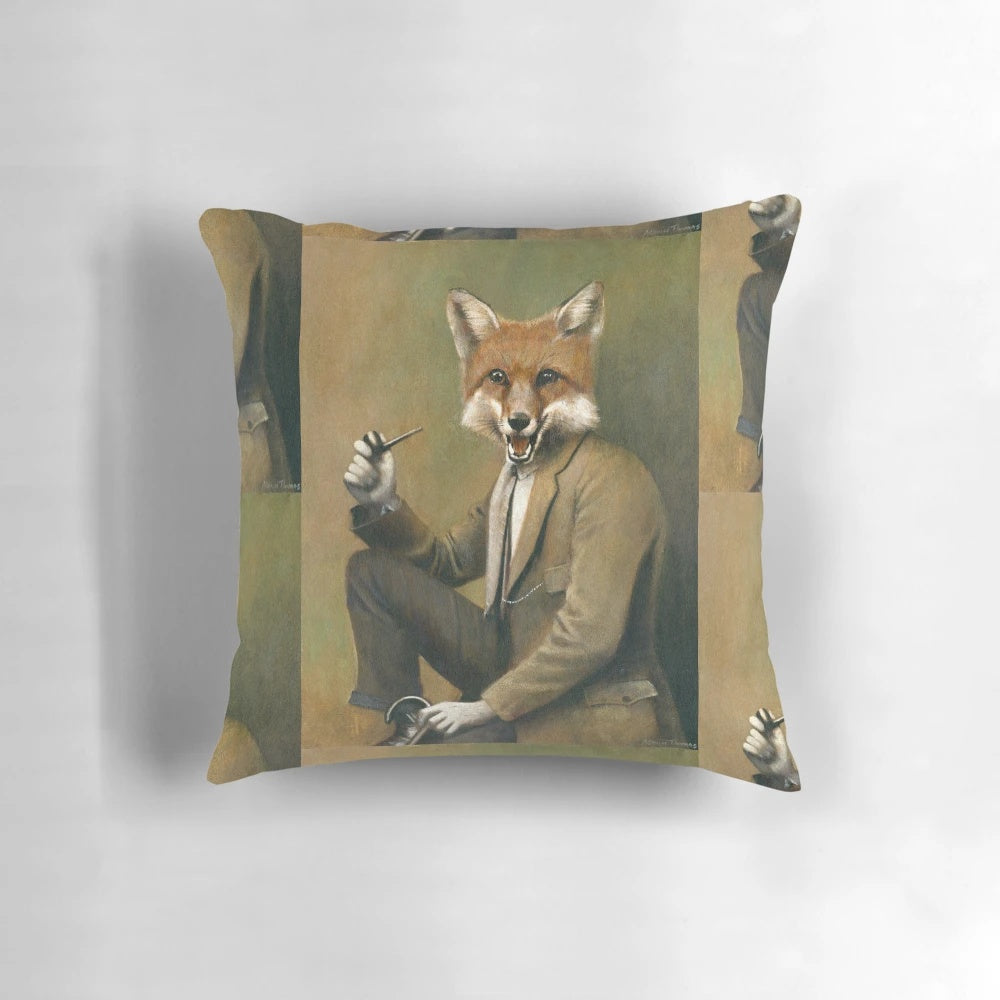 Vintage-style throw pillow depicting an anthropomorphized fox in a suit and tie, smoking a pipe