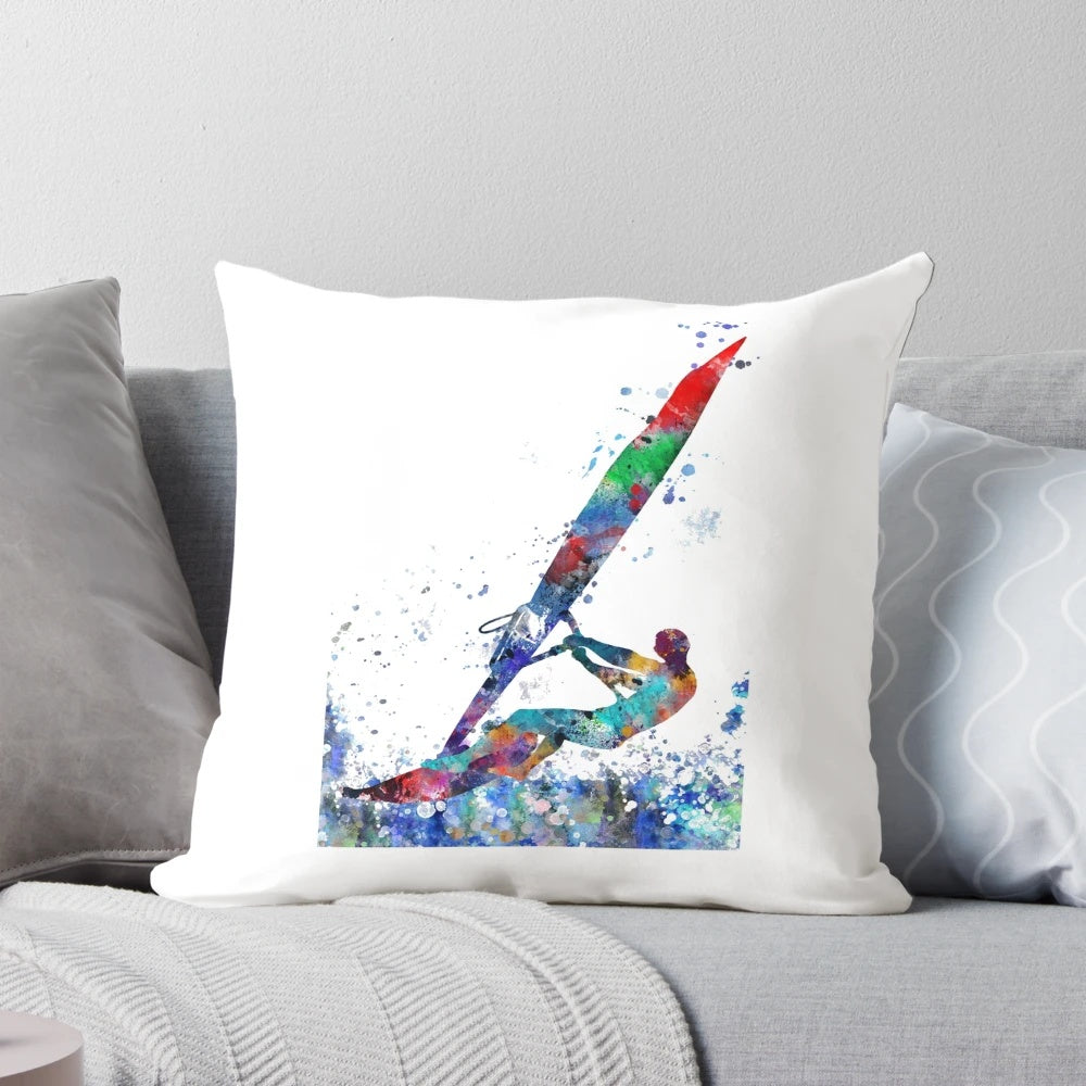 Windsurfing watercolor art pillow featuring a vibrant depiction of a windsurfing man on the open sea