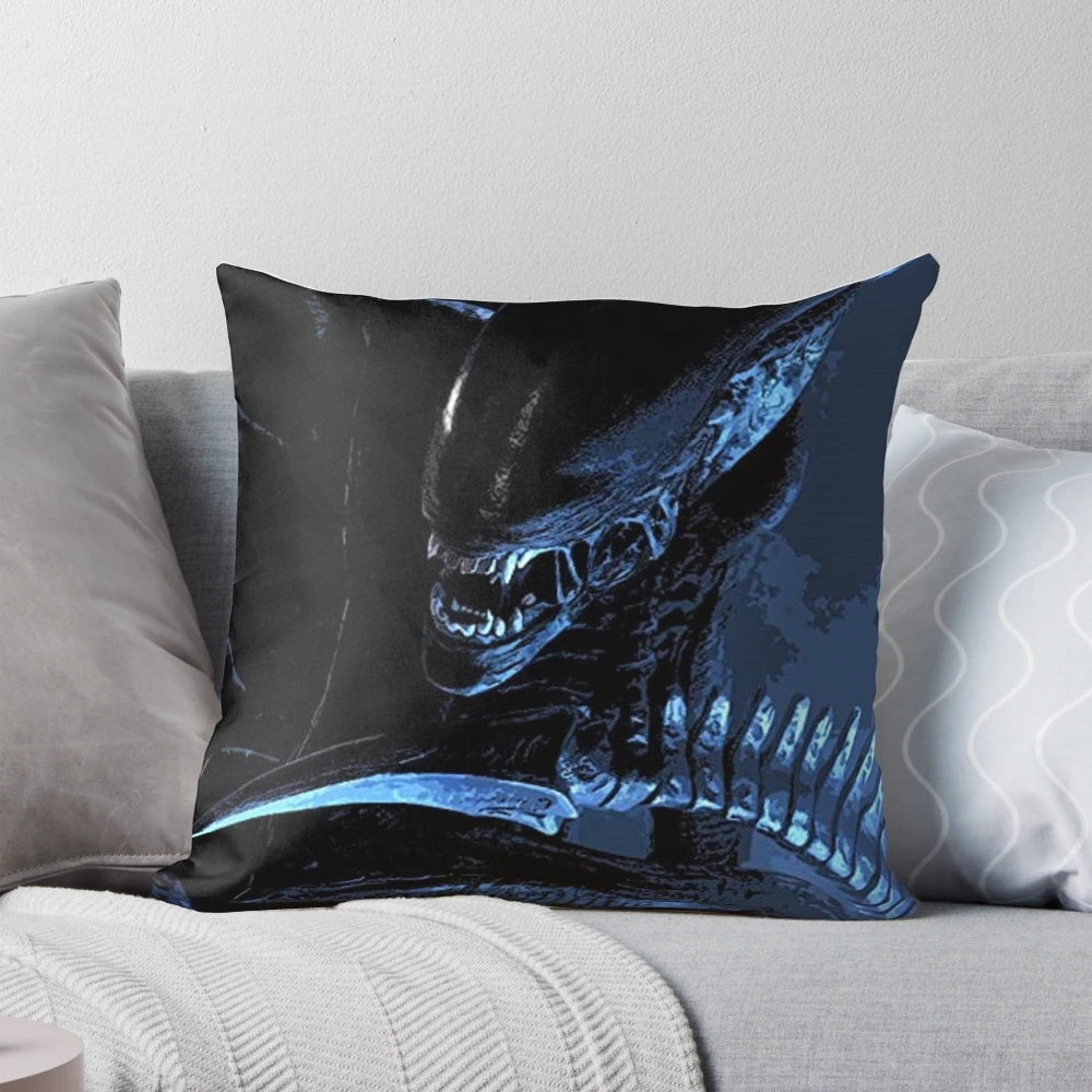 Striking xenomorph monster design on a black and white decorative pillow
